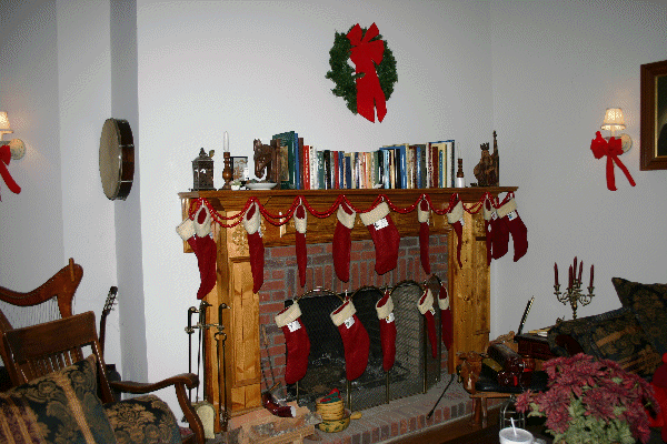 The Fireplace in the Living Room, hung with stockings for friends and family