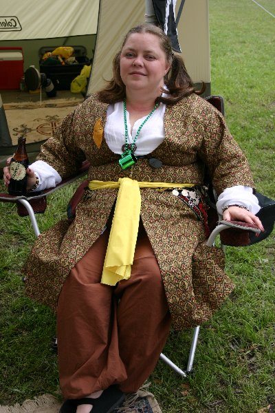 THLady Aislinn Chaomhanach ready to party at  Fool's War in April A.S. XXXIX (2005)