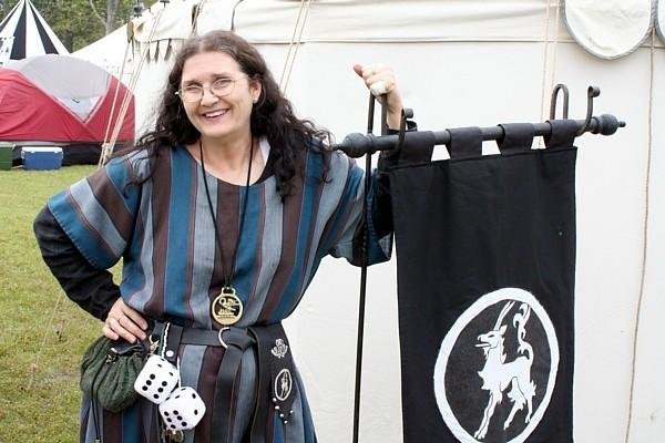 Bronwen in front of her tent at Fool's War in April of A.S. XLIII (2009)